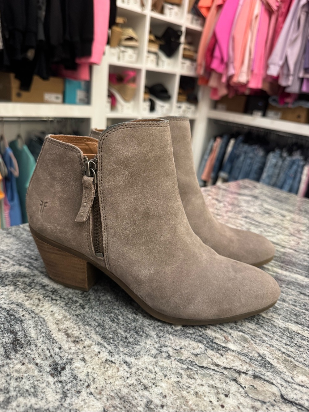 Frye Taupe Suede Side-Zip Ankle Boots